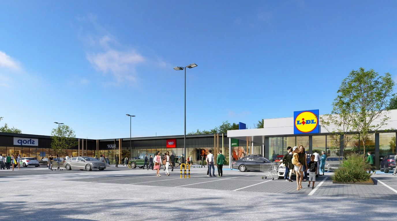 Wizualizacja parku handlowego SHOPLAND Janikowo — parking, pylon oraz lokale handlowe i gastronomia