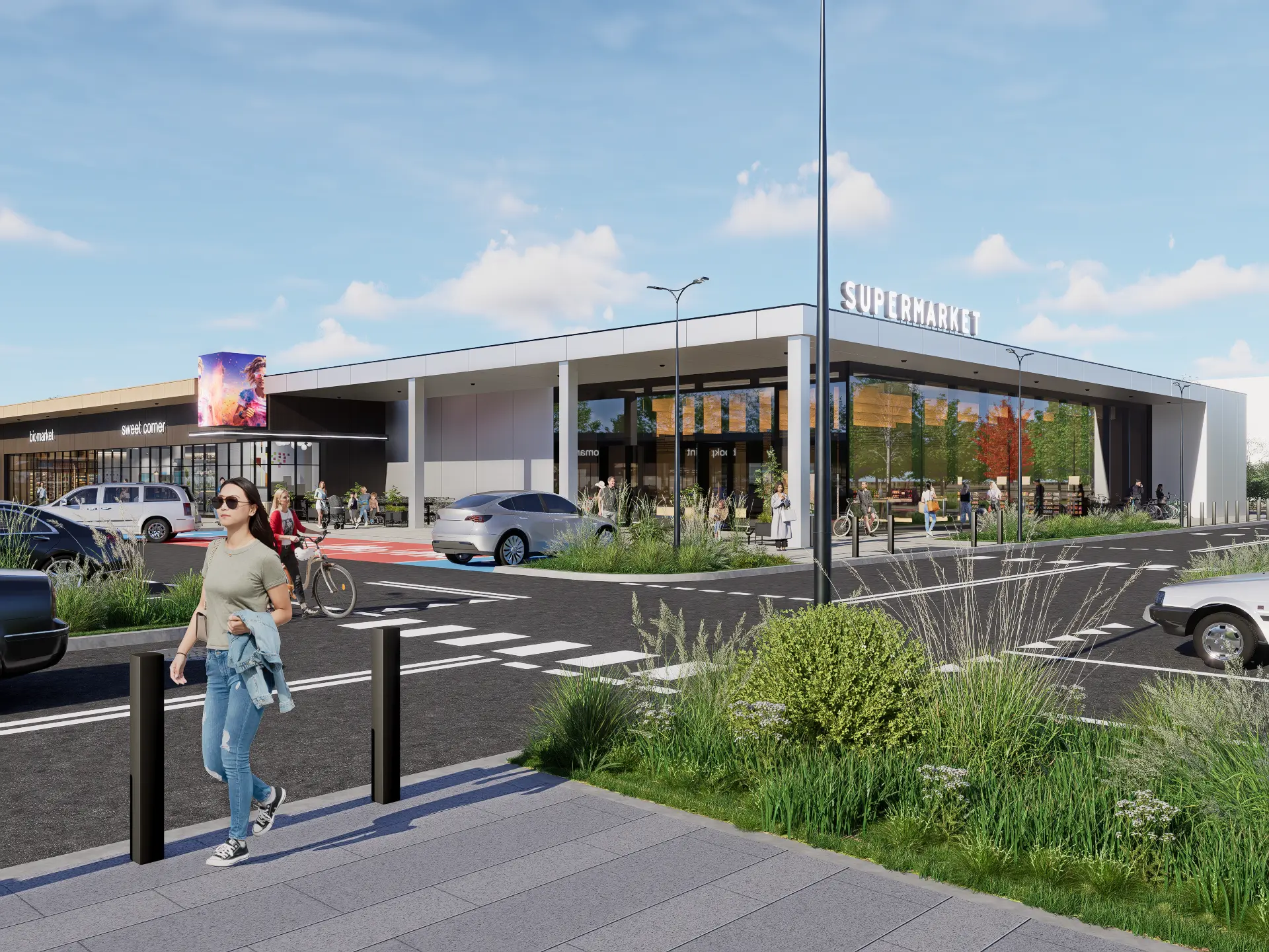 Wizualizacja parku handlowego SHOPLAND Janikowo — nowoczesna zabudowa handlowa z parkingiem