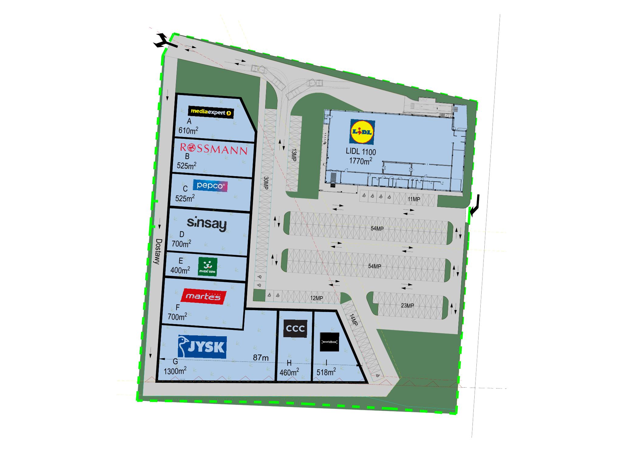 Plan zagospodarowania terenu SHOPLAND Janikowo z podziałem na lokale